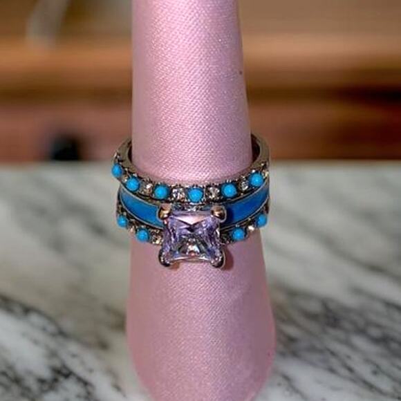 New 3-ring set Sz 6 Silver Turquoise Solitaire Band Stone Native Layered - Picture 1 of 8